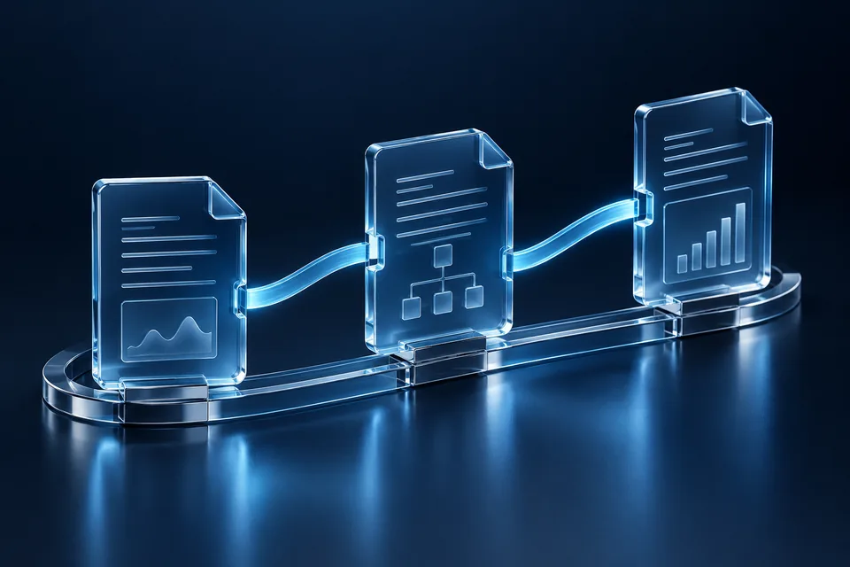 Floating blue glass records connected by a continuous ribbon