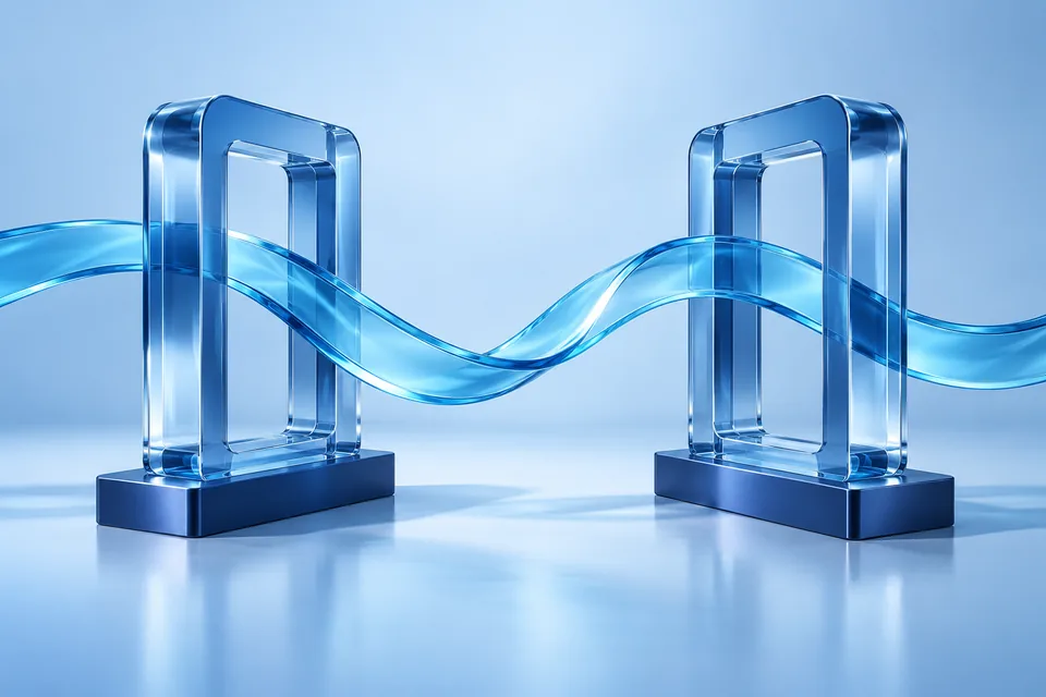 Blue glass gateways connected by a ribbon, illustrating the information exchange